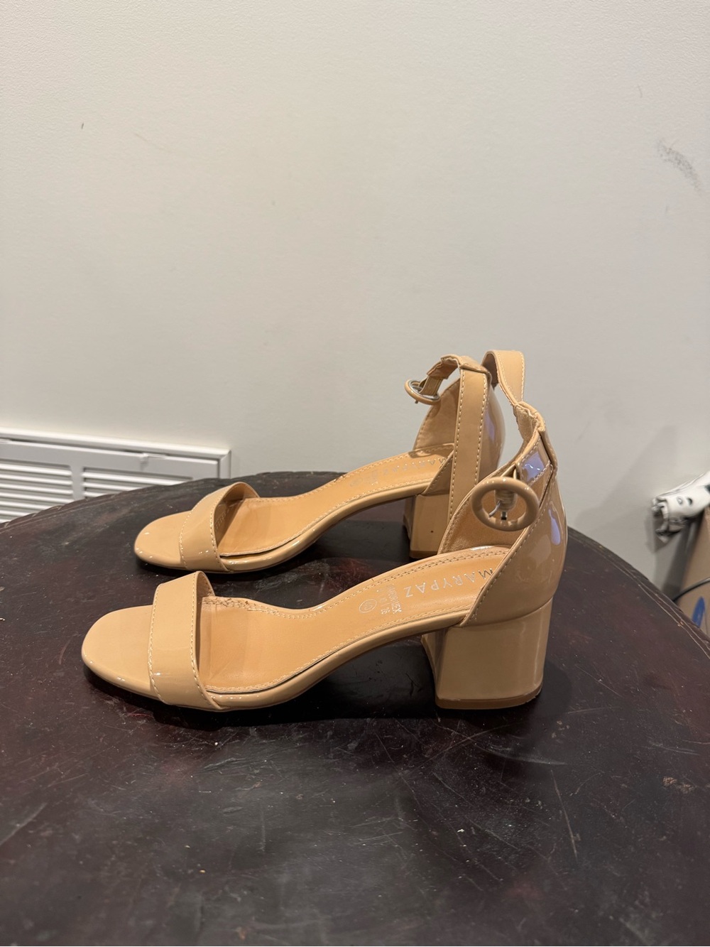 Patent Ankle-Strap Mid Block Heels in Nude size 40